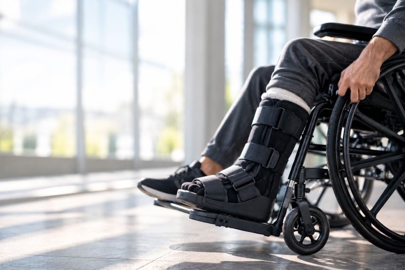 Man wearing a boot and using a wheelchair
